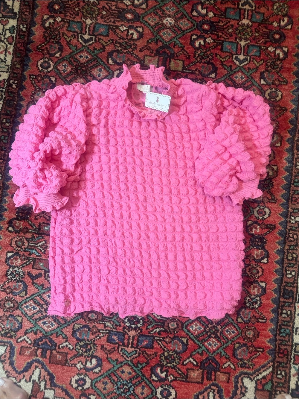 Simply Southern Collection | Bright Pink Puff-Sleeve Textured Shirt | Size L - Picture 5 of 5